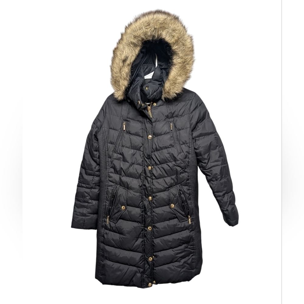 MICHAEL Michael Kors Women's Black Down Puffer Winter Long Coat Faux Fur Medium
